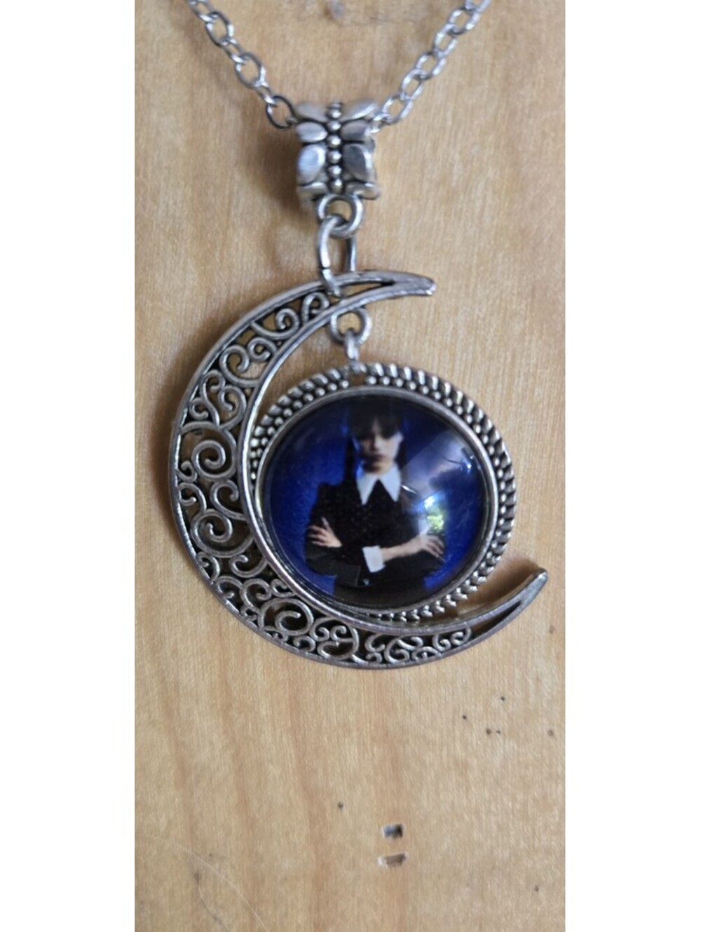 CRESCENT MOON Blue and Silver Tone Filigree Celestial Necklace 24β Not A Locket